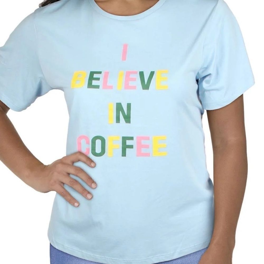 Ban.do 2X 3X I believe in coffee blue short sleeve shirt Christmas